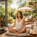 Nő meditatív állapotban feng shui inspirált otthonban.