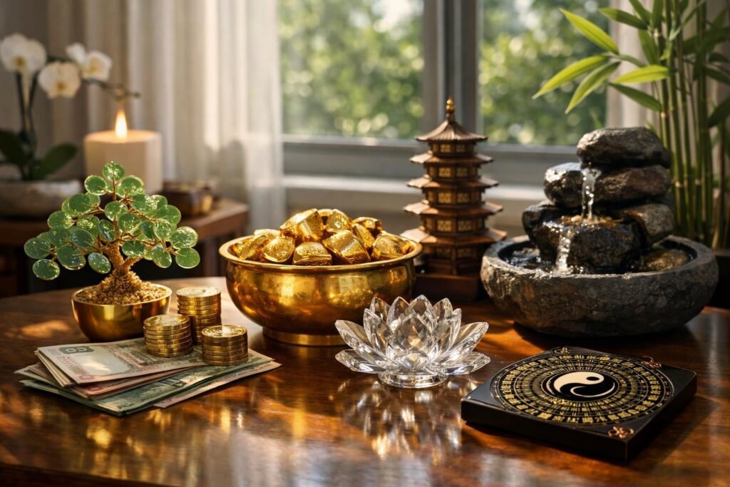 Feng shui dekoráció bőséget és sikert szimbolizáló elemekkel.