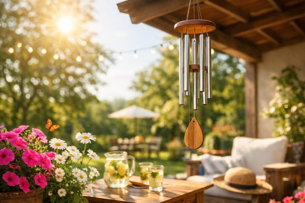 Feng Shui szélcsengő a nyári teraszon virágokkal és italokkal