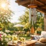 Feng Shui szélcsengő a nyári teraszon virágokkal és italokkal