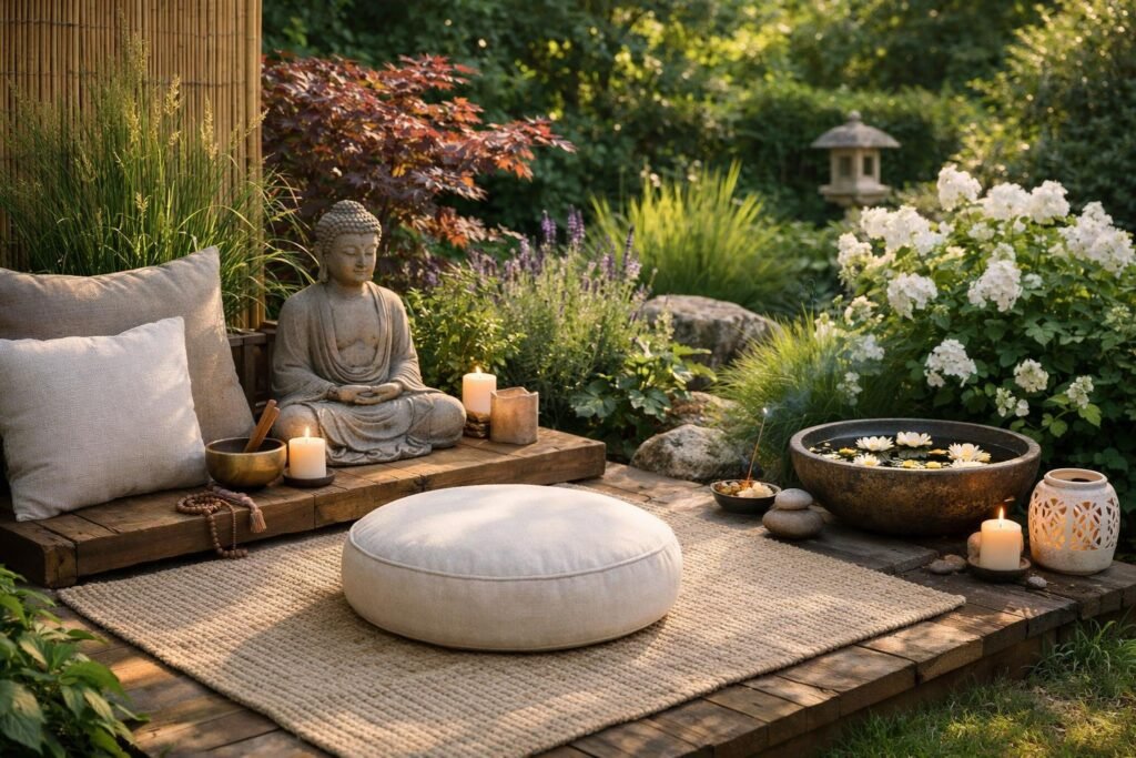 Meditációs sarok a kertben Feng Shui elemekkel és békés hangulattal