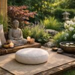 Meditációs sarok a kertben Feng Shui elemekkel és békés hangulattal