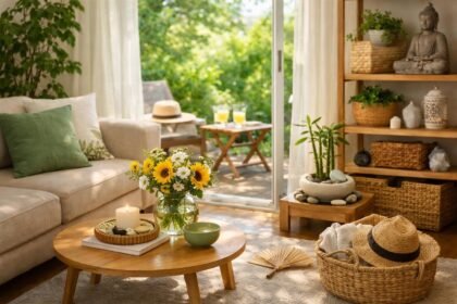 Rendezett nappali feng shui stílusban nyáron.