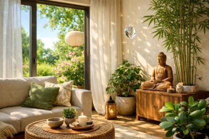 Feng shui inspirált nappali természetes fénnyel és növényekkel