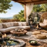 Nyári terasz feng shui stílusú pihenőhely természetes elemekkel