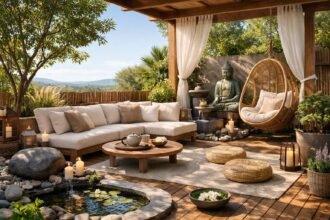Nyári terasz feng shui stílusú pihenőhely természetes elemekkel