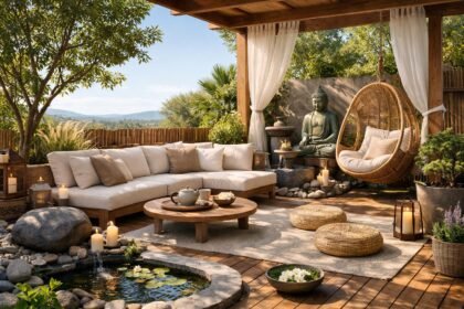 Nyári terasz feng shui stílusú pihenőhely természetes elemekkel