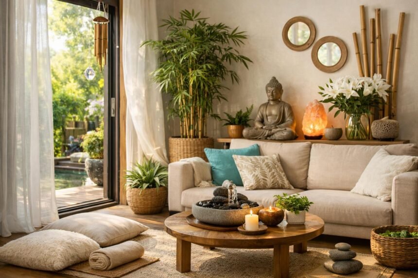 Harmonikus feng shui lakás tervezés pihentető nyári környezethez.