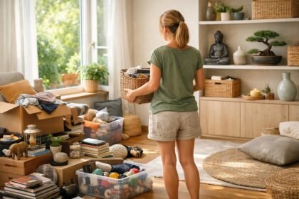 Nő otthon rendrakás közben, feng shui inspirációval.
