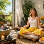 Egy nő relaxál meditáció közben egy harmonikus feng shui környezetben.